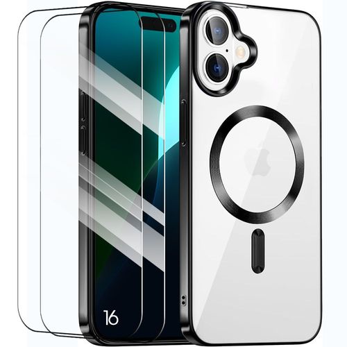 Coque Silicone Pour Iphone 16 Avec Anneau Magnétique + 2 Verres Trempés, Protection Transparente Contour Brillant Noir - E.F.Connection