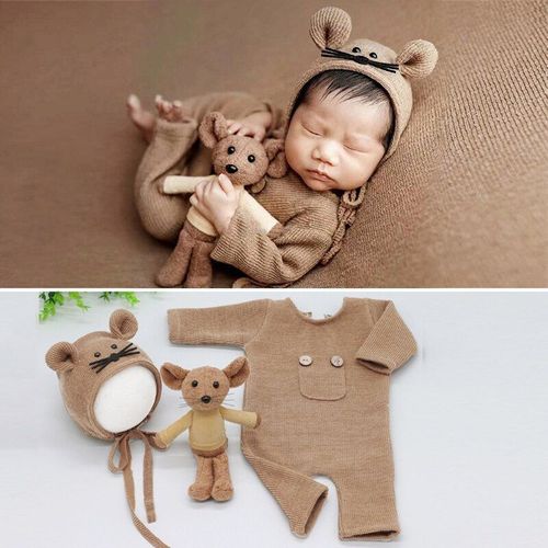 Combinaison Tricotée En Coton Pour Nouveau-Né,Ensemble D'accessoires De Photographie, Bonnet En Souris, Pour Séances Photo, Vêtements Poupée 3 Pièces,