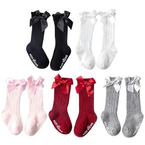 Chaussettes Hautes Antidérapantes En Coton Pour Bébé De 0 À 4 Ans, Épaisses, De Couleur Unie, À Rayures, Avec N¿Ud À Bulles, Hiver
