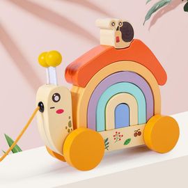 Tracteur D'escargot En Bois, Maison Arc-En-Ciel, Jouets À Empiler Éducatifs Pour Bébé, Maison Arc-En-Ciel, Traction À Corde, Jouets D'apprentissage À Marcher
