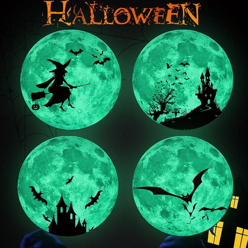 Autocollants Muraux Tour De 30cm Pour Halloween, Château De Lune, Chauves-Souris Fluorescents, Lueur Dans La Nuit, Autocollants Muraux Lumineux Pour Chambre D'enfants, Papier Peint Adhésif Artistique