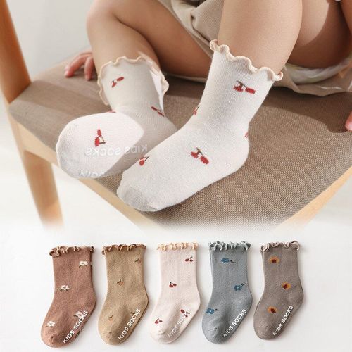 Chaussettes Antidérapantes Pour Enfants De 0 À 5 Ans, Lot De 5 Paires, En Coton, Oreilles En Bois, Motif Floral, Pour Filles, Nouvelle Collection Printemps