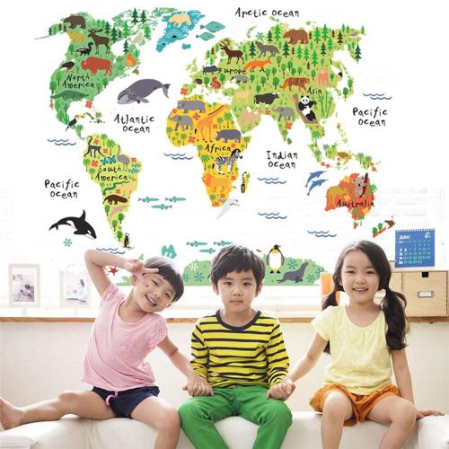 Autocollants Muraux De Carte D'animal De Dessin Animé Imperméable Coloré, Papiers Peints Amovibles Pour Enfants, Autocollants De Chambre À Coucher, Affiches De Décoration De Maison
