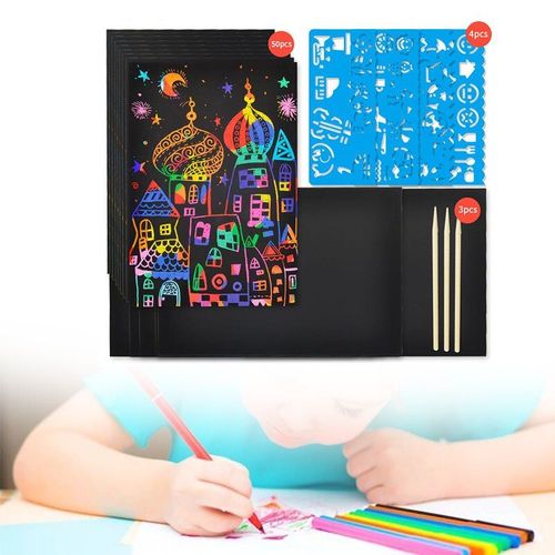 Lot De Cartes À Gratter Couleurs Arc-En-Ciel Avec Pochoirs, 50 Feuilles Pour Dessins, Peintures, Graffitis Et Décorations Artisanales Faits Maison, Pour Enfants,