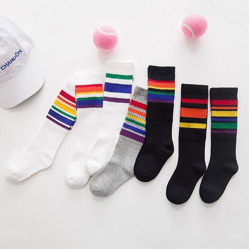 Chaussettes De Football En Coton Pour Enfants, Chaussettes De Sport À Rayures Arc-En-Ciel, Hautes, Longues, Pour Filles Et Garçons, Nouvelle Collection