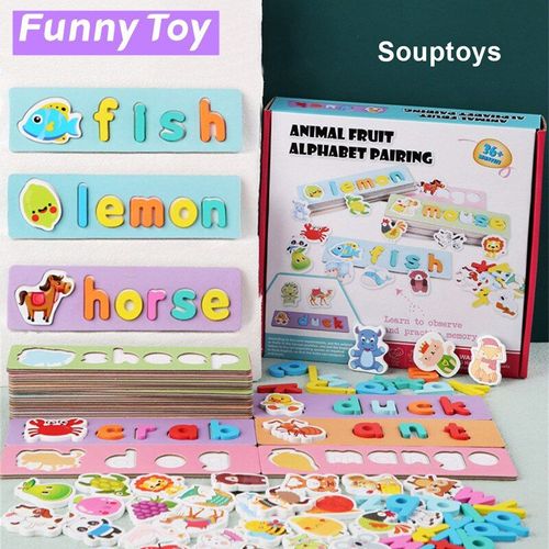 Jouet en bois pour enfants, Alphabet, jeu d'éveil précoce, fruits et animaux, puzzle Montessori 3D, jouets d'apprentissage pour bébés, cadeaux