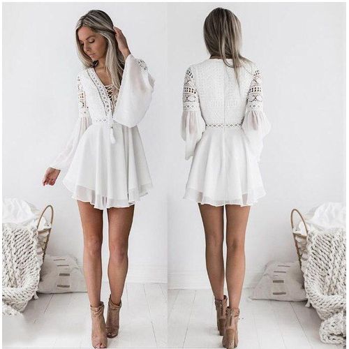 Mini Robe En Mousseline De Soie, Sexy, Femme, Mini Robe En Dentelle À Bandes Croisées, Semi-Transparente, Décolleté En V, Manches Longues, Noir/Blanc