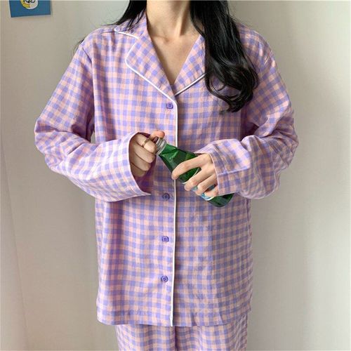 Ensemble Pyjama Coréen Violet Pour Filles, Vêtements De Nuit À Manches Longues, Ample, Mignon, Hiver