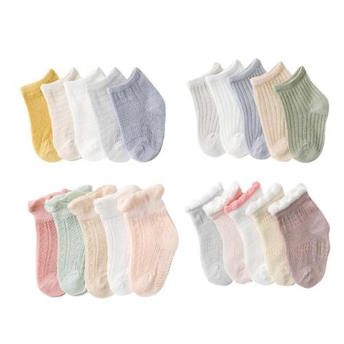 Chaussettes Antidérapantes Pour Bébés De 0 À 5 Ans, De Couleur Unie, En Maille Fine, À Volants, En Coton Doux, Pour Bateau, Collection Printemps Et Été, 5 Paires/Lot