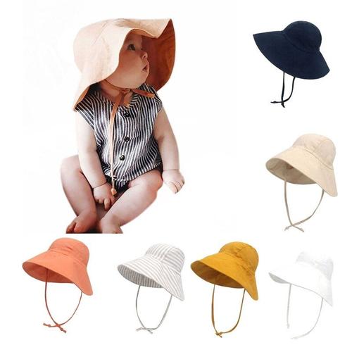 Chapeau De Pêcheur Pour Bébé, Couleur Unie, Protection Solaire D'été, Panama, À Grand Bord, Bonnet En Coton Et Lin Doux, 1 Pièce