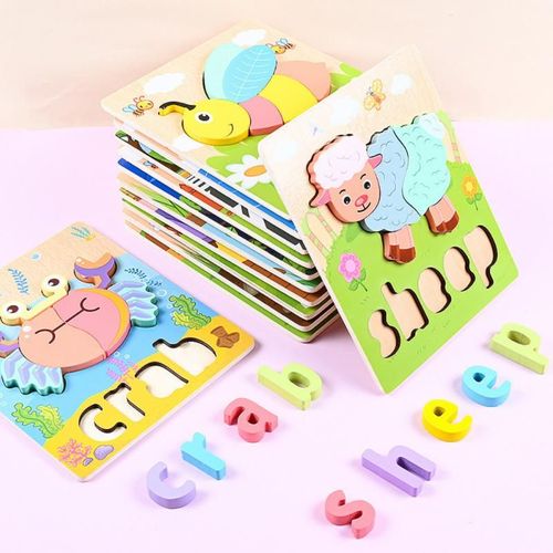 Puzzle éducatif en bois pour bébés, jouet d'orthographe anglaise, 3D stéréo, grands blocs, circulation animale, pour tout-petits, âge préscolaire