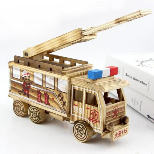 Ornements Artisanaux En Bois, Simulation De Camion De Pompiers, Modèle De Maison Créatif, Ornements En Bois, Jouets Pour Enfants