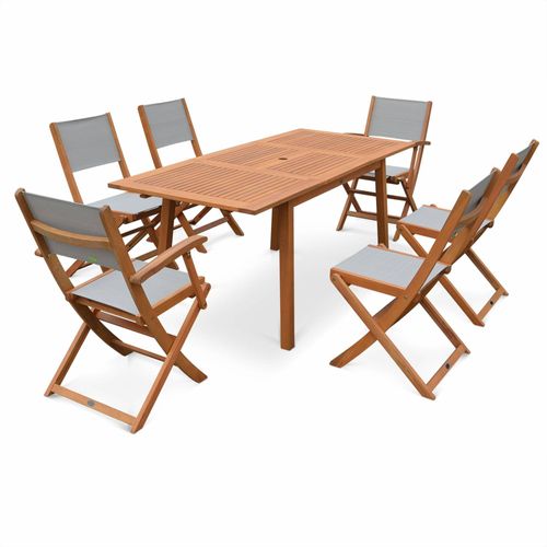 Salon De Jardin En Bois Extensible - Almeria - Table 120/180 Cm Avec Rallonge. 2 Fauteuils Et 4