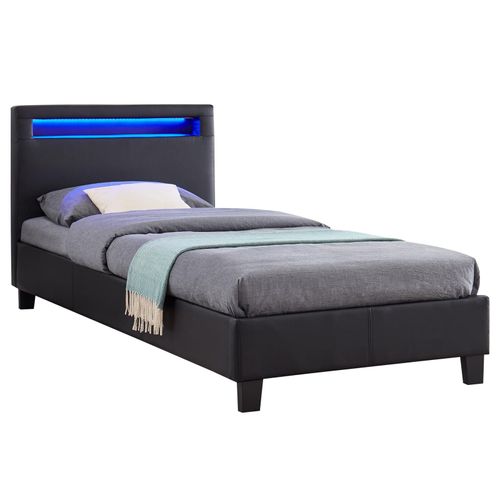 Lit Simple Pour Adulte Ou Enfant Luceno Avec Sommier 90x190 Cm 1 Place, Tête De Lit Avec Led Intégrées, En Synthétique Noir