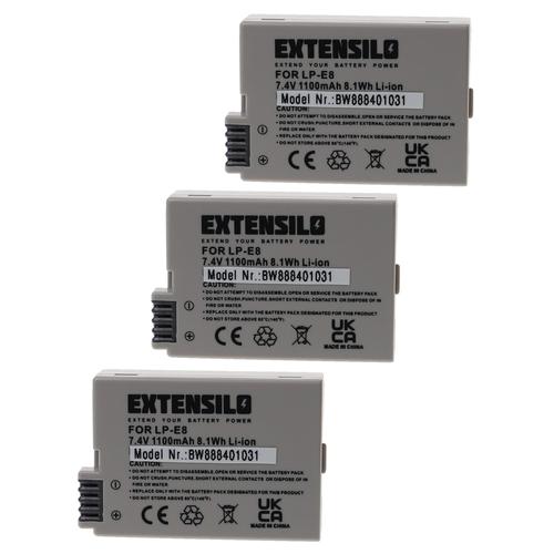 EXTENSILO 3x Batteries compatible avec Canon EOS 550D, 700D, Kiss X4, Kiss X5, 650D, 600D appareil photo, reflex numérique (1100mAh, 7,4V, Li-ion)