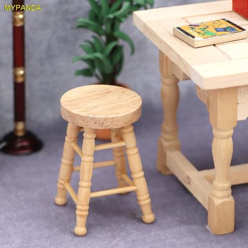 Tabouret Rond Et Chaise En Bois Pour Poupées, Meubles Miniatures, 1/12