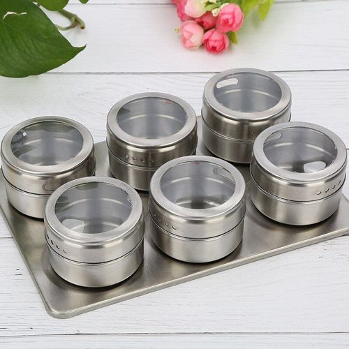 Pots D'assaisonnement De Cuisine, 6 Pièces, Boîte À Épices Magnétique En Acier Inoxydable, Boîtes Anti-Poussière Avec Couvercle Supérieur Transparent Et Support