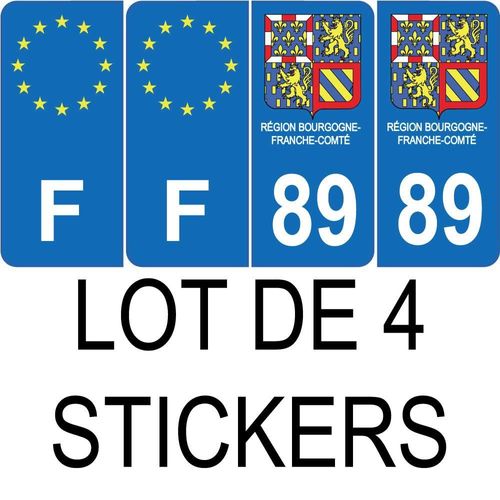 Lot De 4 Autocollants Bleu 89 Yonne Blason Bourgogne-Franche-Comté - F Europe Nouvelles Régions Plaque Immatriculation Sticker - Arrondis