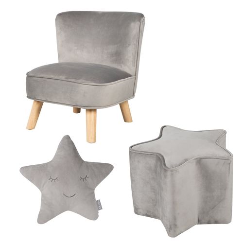 Roba Fauteuil Et Pouf Enfant Lil Sofa + Coussin Décoratif Étoile - Ensemble En Velours - Gris Argenté