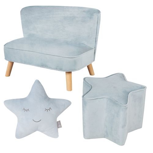 Roba Canapé Et Pouf Enfant Lil Sofa + Coussin Décoratif Étoile - Ensemble En Velours - Bleu Clair