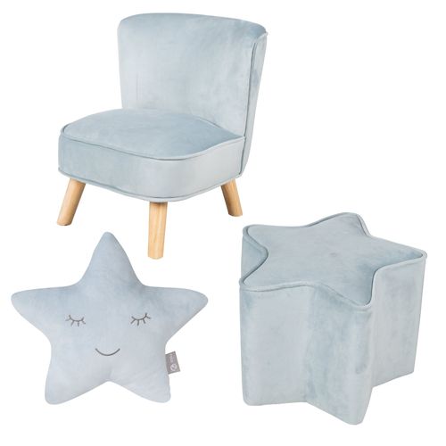 Roba Fauteuil Et Pouf Enfant Lil Sofa + Coussin Décoratif Étoile - Ensemble En Velours - Bleu Clair