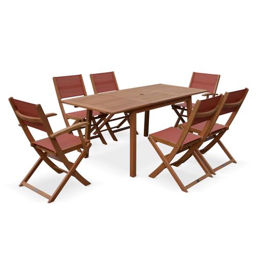 Salon De Jardin En Bois Extensible - Almeria - Table 120/180 Cm Avec Rallonge. 2 Fauteuils Et 4