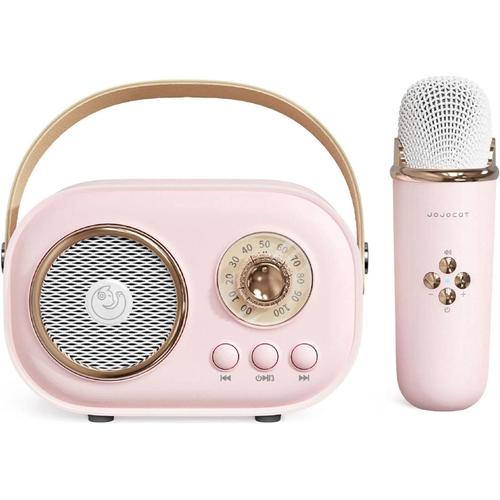 Mini machine de karaoké, machine de karaoké pour enfants et adultes, ensemble de karaoké mignon avec microphone, haut-parleur Bluetooth portable avec microphone, style portable rétro pour réunion de famille, chant (rose)