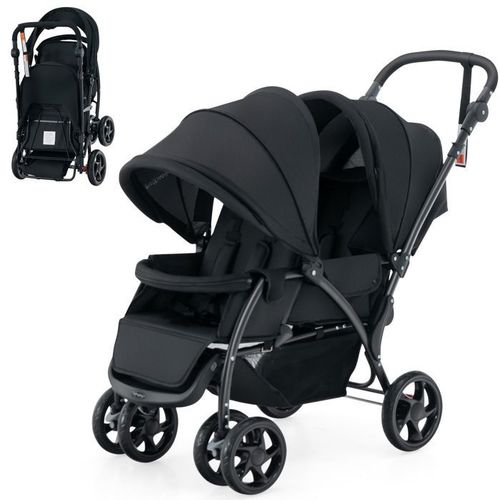 COSTWAY Poussette Jumelle Pliable Double Bébé Auvent Capote Réglable Canne Landau 4 Roues Anti-chocs Harnais à 5 Points-30kg-Noir
