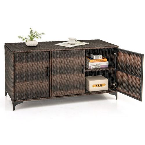 Costway Coffre De Rangement En Résine Tressé 318l, 3 Portes Avec Étagères Amovibles, Boîte De Rangement Extérieur Intérieur, Marron