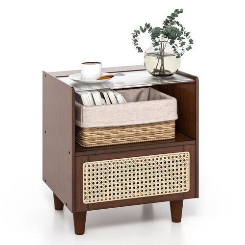 Costway Table De Chevet En Bambou Avec Tiroir, Plateau En Verre, Design Cannage, 4 Pieds En Bois Massif, 43 X 35 X 50 Cm, Marron