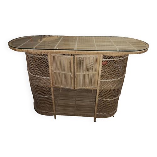 Bar Rotin Et 3 Tabourets Beige