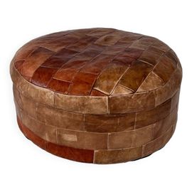 Pouf Patchwork En Cuir Vintage 1970 Marron
