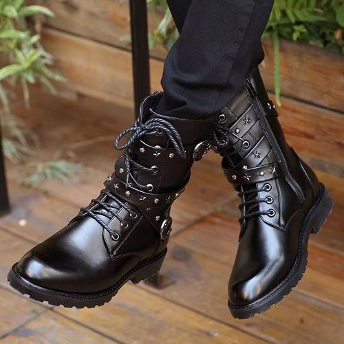 Bottes Martin De Moto Tube Haut En Métal Pour Hommes Bottes De Cyclisme Chaussures Augmentant La Hauteur Fonction Velours Chaleur Noir Hiver