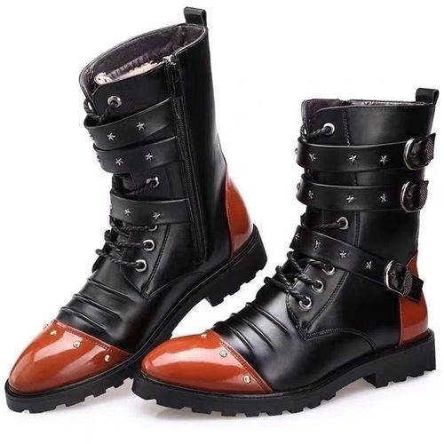 Bottes Martin De Moto Tube Haut En Métal Pour Hommes Bottes De Cyclisme Chaussures Augmentant La Hauteur Fonction Velours Chaleur Noir Hiver