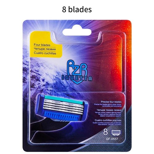 Lame de rasoir de sécurité pour hommes,acier inoxydable,4 couches,têtes de rasoir de rechange,haute qualité,8 pièces - Type Bleu