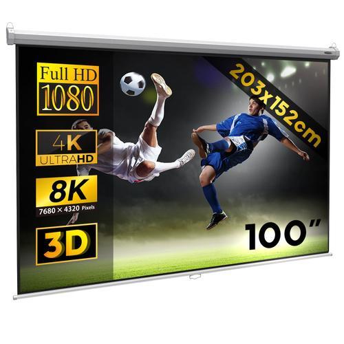 Jago® Écran de Projection 203x152 cm - 100 Pouces, Enroulable, Formats 1:1, 4:3, 16:9, HD 4K 3D - Toile de Projecteur, Home Cinema, Vidéoprojecteur