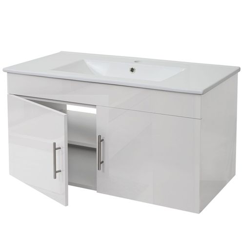 Lavabo + Meuble Sous Évier Hwc-D16, Meuble Sous Vasque, Poli Miroir 90cm   Blanc