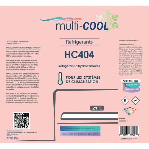 Canette Réfrigérant Multicool-404 De 400grs, Remplace Le R22, R407c, R502 Et R404a