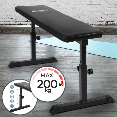 Physionics® Banc De Musculation Plat - Réglable En Hauteur (5 Positions), Cadre En Acier, Charge Max. 200 Kg - Banc D'haltérophilie, Exercices, Entraînement, Fitness, Gym