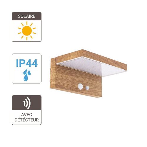 Applique Murale Solaire Ip44 600 Lumens - D?Tecteur De Mouvements - 3 Modes De Fonctionnement - Finitions Bois