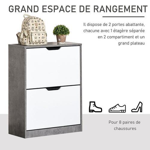 Armoire À Chaussures Meuble À Chaussures Dim. 62l X 26l X 81h Cm 2 Portes Abattantes Blanc Effet Béton Ciré