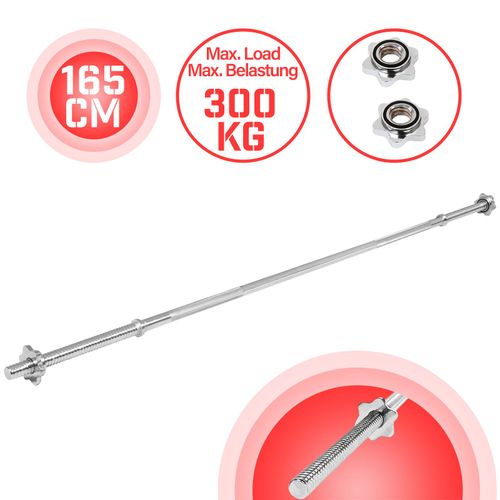 Physionics® Barre D'haltère Longue - 165cm, Ø30mm, 2 Fermoirs, Poignées Antidérapantes - Barre De Musculation, Haltérophilie