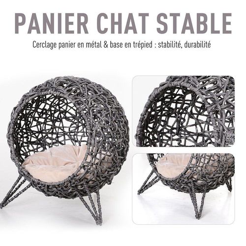 Pawhut Panier Chat Lit Chat Cosy Grand Confort Dim. Ø 52 X 58h Cm Coussin Moelleux Beige Inclus Résine Tressée Imitation Rotin Gris