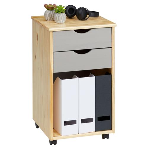 Caisson De Bureau Kano, Meuble De Rangement Sur Roulettes Avec 2 Tiroirs Et 1 Niche, En Pin Massif Naturel Et Gris