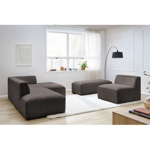 Canapé D'angle Fixe Modulable Megeve Tissu Velours Côtelé Avec 1 Chauffeuse Et 1 Pouf Marron Angle Droit