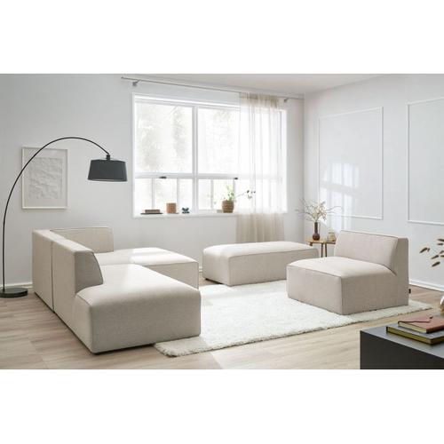 Canapé D'angle Fixe Modulable Megeve Tissu Lisse Avec 1 Chauffeuse Et 1 Pouf Beige Angle Droit