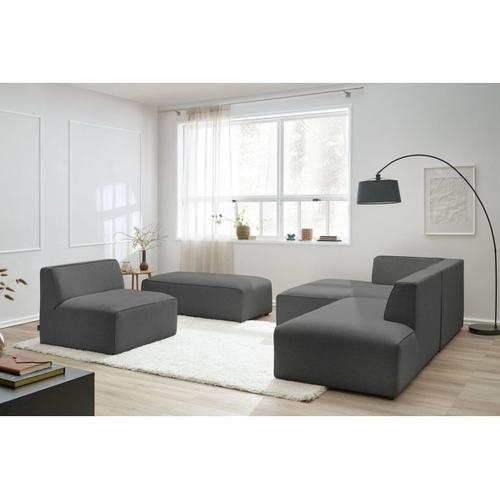 Canapé D'angle Fixe Modulable Megeve Tissu Lisse Avec 1 Chauffeuse Et 1 Pouf Gris Foncé Angle Gauche