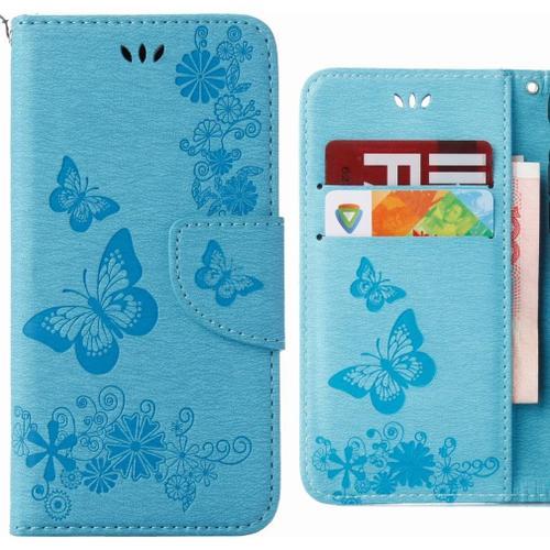 Beek Coque Pour Huawei Y6 (2018) Etui Housse Portefeuille Pu Cuir Magnétique Protecteur Pochette Soft Silicone Flip Cover Etui Pour Huawei Y6 (2018) Avec Fente Pour Carte, Bande Papillon (Bleu) Beek58