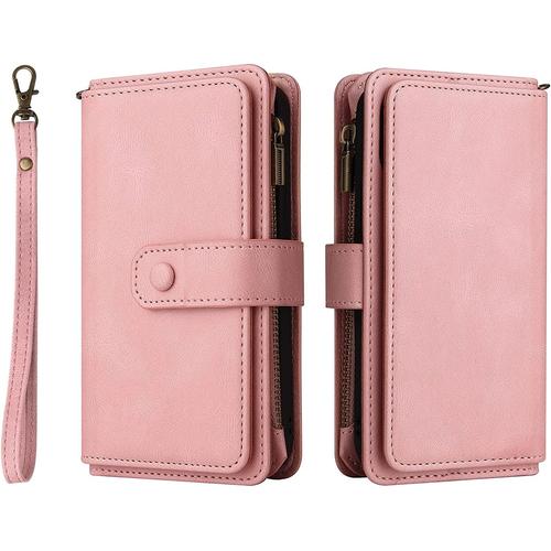 Beek Etui Fermeture Éclair Pour Google Pixel 7 Coque, [15 Fentes Pour Cartes] Coque Cuir Pour Google Pixel 7 Housse Portefeuille Protecteur Silicone Souple Étui Pour Google Pixel 7, Rose Beek1408