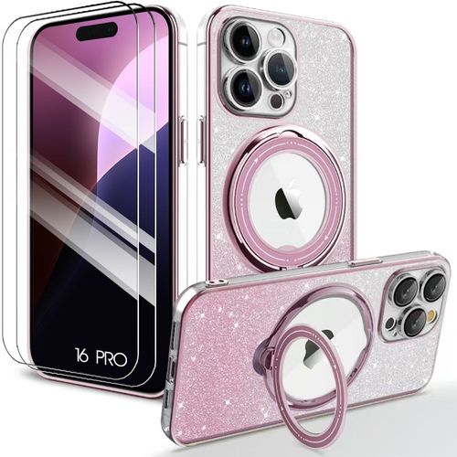 Coque + 2 Verres Trempés Pour Iphone 16 Pro - Protection Scintillante Avec Anneau Magnétique Rotatif - Rose - E.F.Connection
